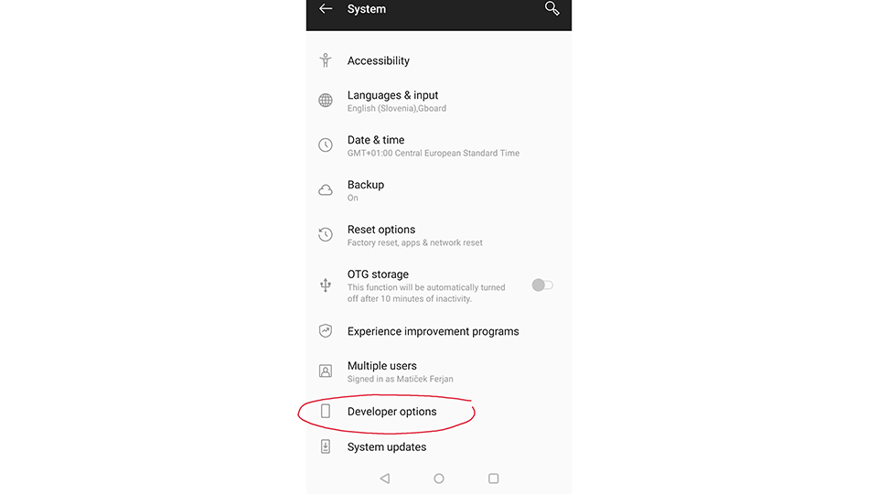 Android-Developer options menu