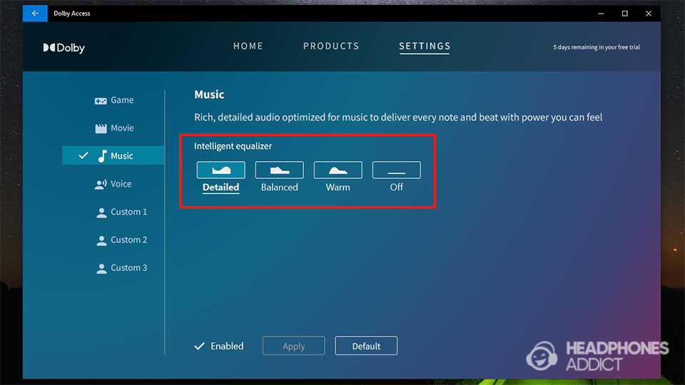 Dolby Access app Music settings