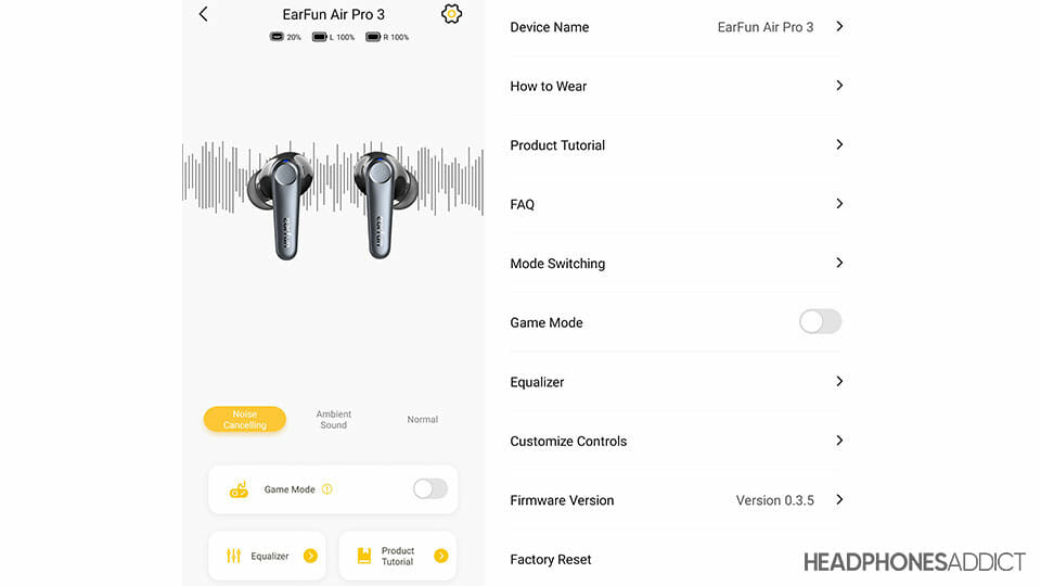 EarFun Air Pro 3 app first page