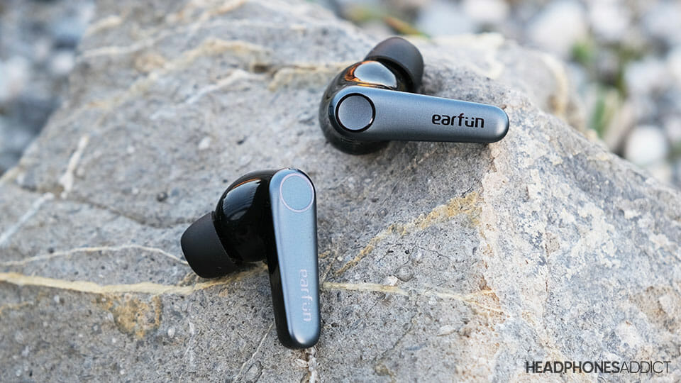 EarFun Air Pro 3 earbuds on stone