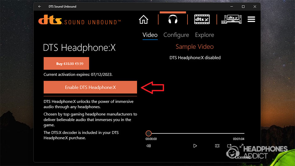 Enable DTS Headphones X inside app