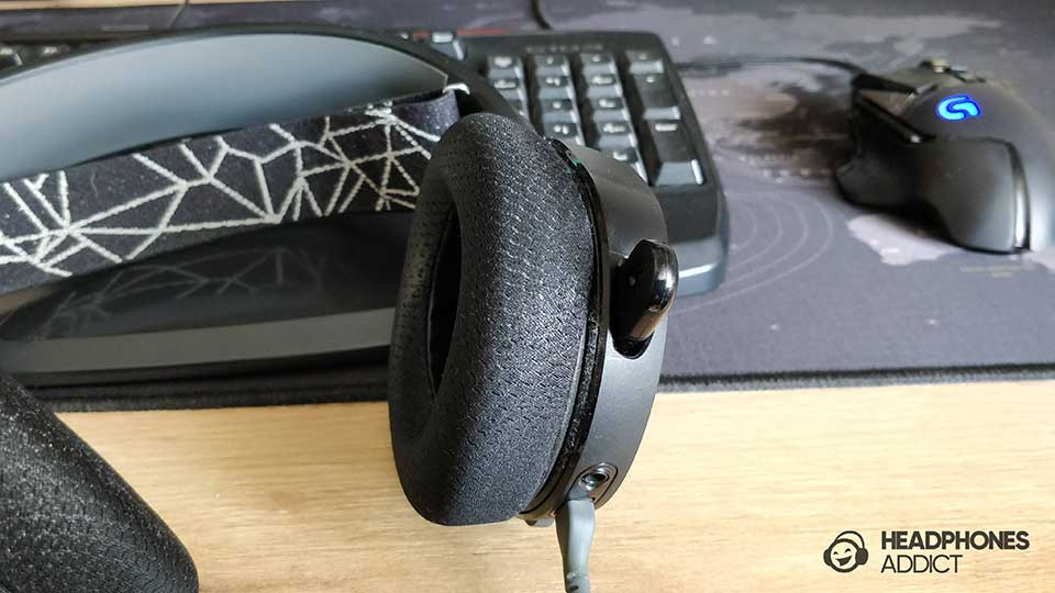 Fabric ear pads on a SteelSeries gaming headset