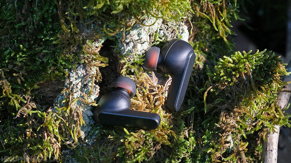 JBL Live Pro+ earbuds on moss