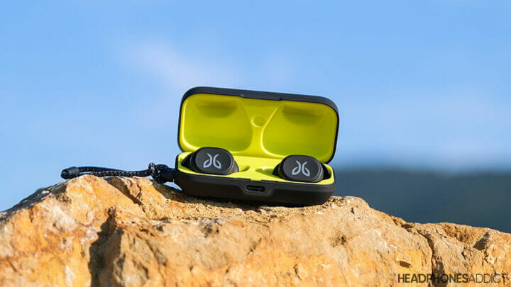 Jaybird Vista true wireless earbuds on a rock