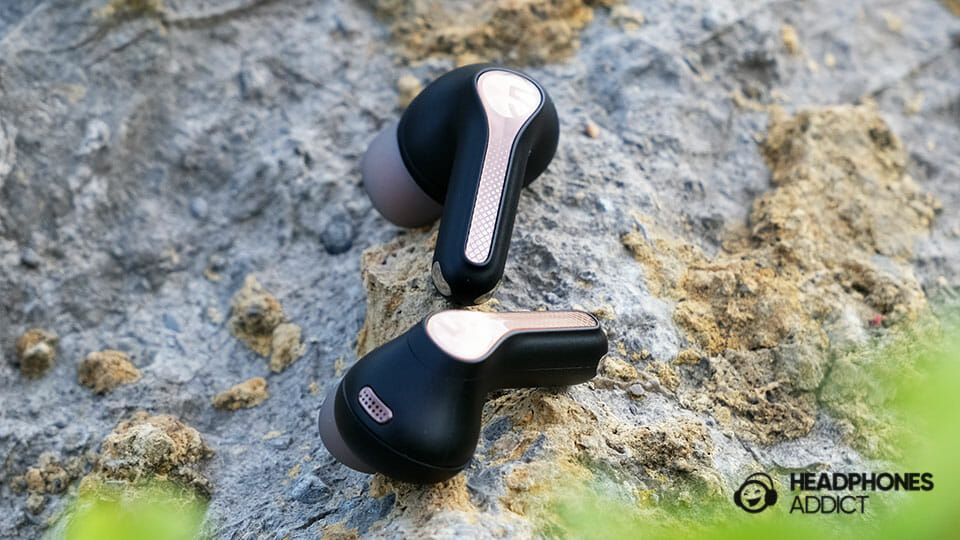 SoundPEATS Capsule3 Pro earbuds on a rock