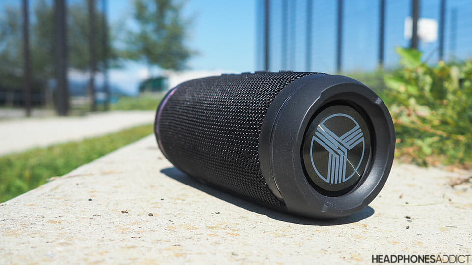 Treblab HD77 outdoor speaker on a bench