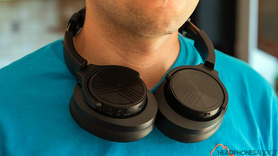 Treblab Z2 wireless headphones around the neck