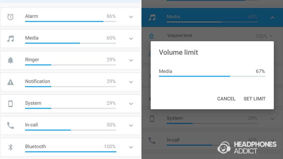 Volume Control app menu