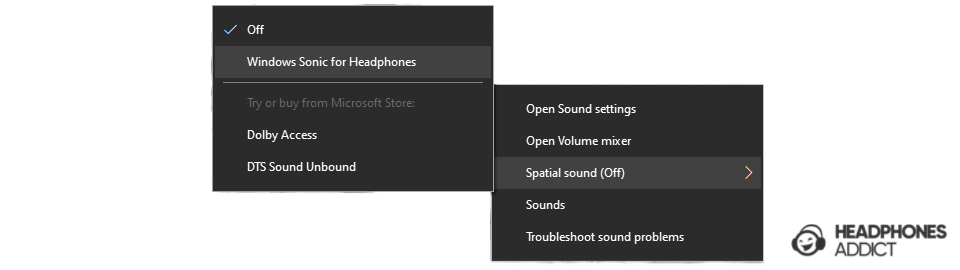 Windows Sonic for Headphones menu